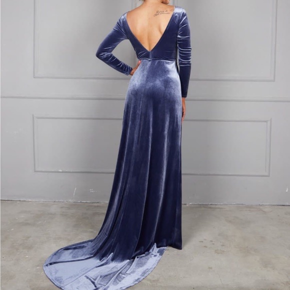 Emerald Green Velvet Dress with Train, Deep Back Velvet Dress - Picture 7 of 8